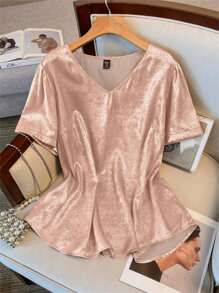 SHEIN LUNE Plus Size Nữ Màu Trơn Cổ Chữ V Tay Ngắn Họa Tiết Kim Loại Áo Sơ Mi Thường Ngày Cho Mùa Hè - Màu Hồng baby - Xem 1