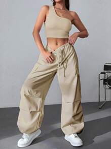 SHEIN EZwear One Shoulder Crop Top & Flap Pocket Side Drawstring Waist Cargo Trousers - Apricot - View 6