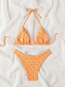 SHEIN Swim Conjunto de bikini sexy para mujer con estampado floral de verano naranja en diseño halter con nudos en el cuello, impresión aleatoria - Naranja - Ver 2