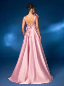 Glamrae Elegant And Gorgeous Pink Textured Satin Gathered V-Neck 3D Floral Decoration Design High Slit Oversized A-Line Dress Dress Suitable For Wedding Events Bachelor Party Graduation Quarter Holiday Prom Formal Occasion Evening Dress Wedding Guest Gown, For Dinner