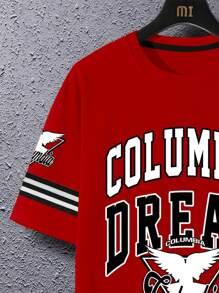 Manfinity Homme 男士大尺碼夏季字母條紋印花圓領休閒短袖T恤 - 紅色 - 查看 4