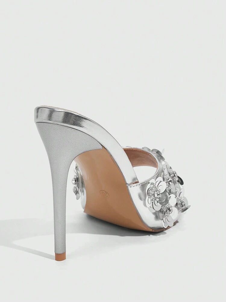 CUCCOO SZL Round-Toe Stiletto Heels, Fashionable European & American Style, Sequined Flower Accent Women's High-Heeled SandalsSexy Party Baddie Chic Gorgeous Style