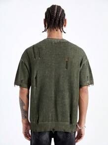 PAVTROS Áo len đan trễ vai nam rách cho mùa hè - xanh quân đội - Xem 2