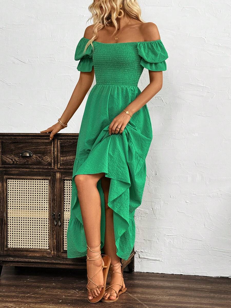 SHEIN Clasi Women's Solid Color Puff Sleeve Dress With Ruffle Hem, Summer - Green - View 1