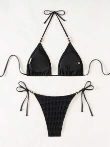 Women's Summer Beach Solid Color Halter Neck Tie Sexy Bikini Set