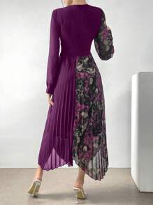 Modelyn Đầm dự tiệc dài tay xếp ly cổ chữ V in họa tiết chắp vá dành cho nữ - Màu tím - Xem 2