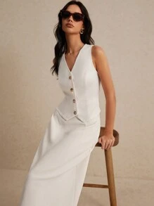 Poéselle 2 件套女式背心西装外套长裙套装，夏季白色西装套装，布里奇顿休闲轻松时尚，上衣背心配有背部可调节领带