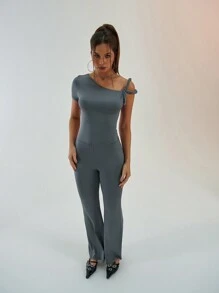 Aloruh Simple Commuting & Sports Gray Bodycon Jumpsuit For Women With Asymmetrical Sleeves And Floor-Length Design - Grey - View 3