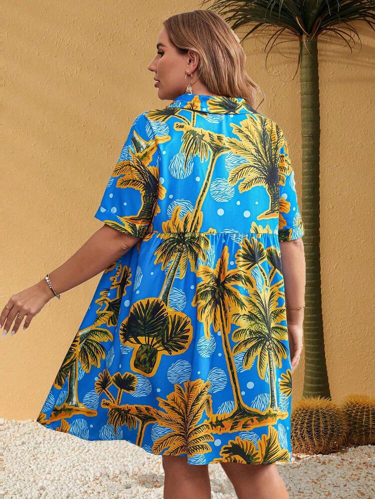 Plus Size Tropical Print Button Front Casual Holiday Maxi Shirt Dress