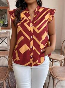 SHEIN Clasi Plus Size Notched V-Neck Printed Single-Breasted Ruffle Hem Summer Shirt - Multicolor - View 3