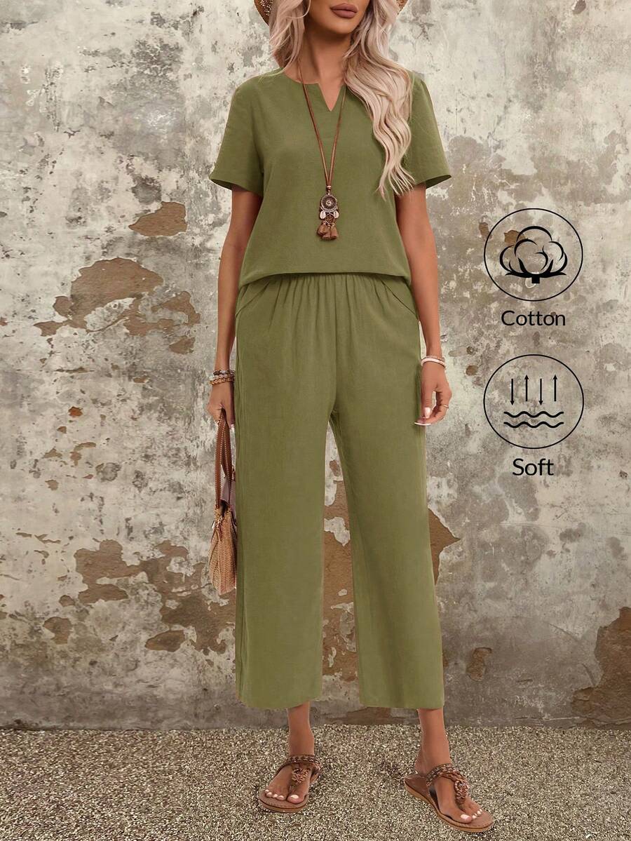 Ensemble 2 pièces en coton pour femmes de couleur unie simple et décontracté style vacances avec haut à manches courtes à encolure en V échancrée et pantalon large - Militaire verte - Voir 1