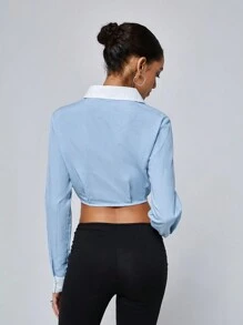 Femmeiva Versatile Commuting Fashion Scholar Style Color Block Collar False Pocket Decor Long Sleeve Pleated Hem Women Shirt Fall Cloth For Women - Blue - View 2
