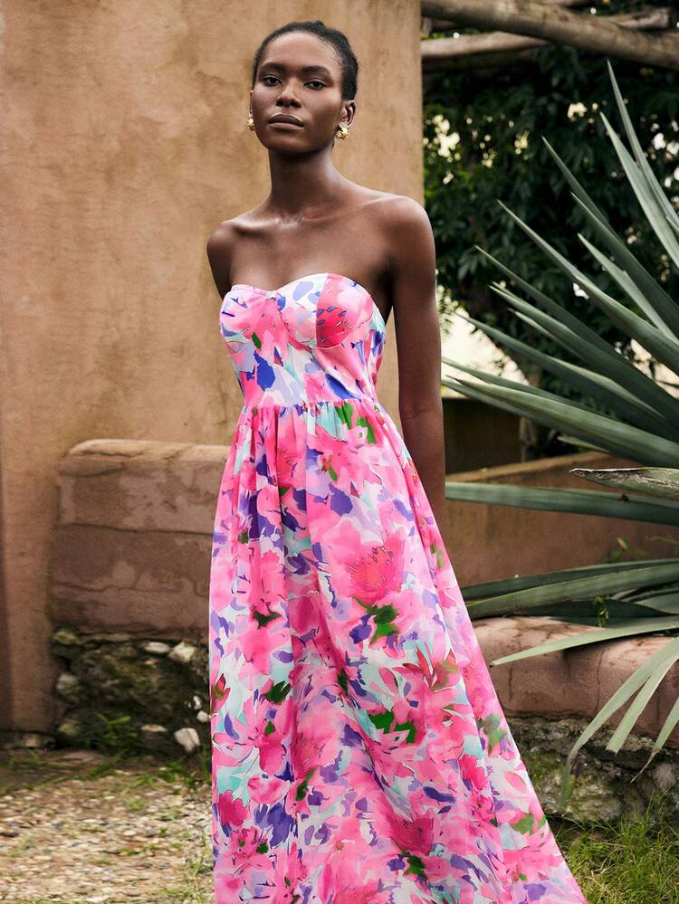 SHEIN Maija Floral Print Ruffle Waist Elastic Spaghetti Strap Backless Dress For Teachers