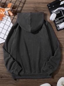 Sudadera casual de manga larga con bolsillo tipo canguro y gráfico de letras para niños preadolescentes - Negro - Ver 2