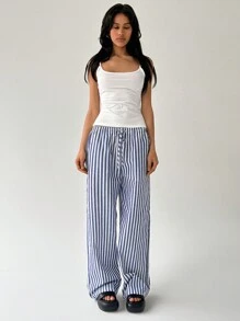 Easelle Women Casual Striped Drawstring Waist Loose Straight Trousers - Apricot - View 3