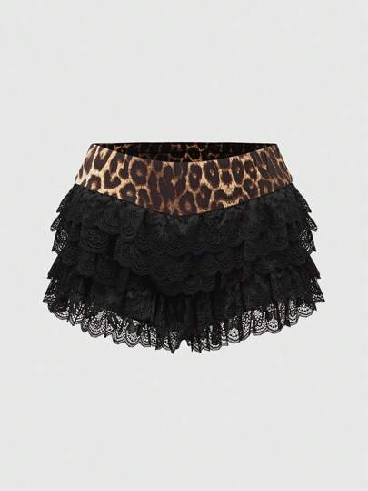 Grunge Punk Sexy Minimalist Sexy Casual Leopard Print Lace Floral Cake Hem Mini Shorts, School