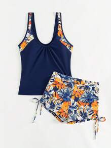 SHEIN Swim Lushore 夏季女士印花拼接分体泳衣（配平角裤） - 藏蓝色 - 查看 4