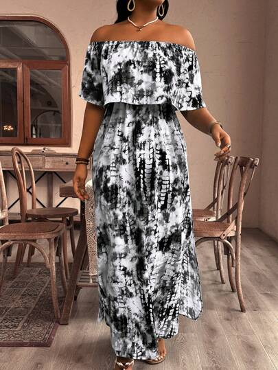 SHEIN VCAY Plus Size Tie-Dye Off-Shoulder Long Summer Boho Dress For Vacation And Leisure,Beach Dress Sundress,Holiday Outfits