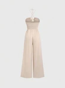 SHEIN Unity Summer Solid Color Pleated Halter Sleeveless Jumpsuit - Apricot - View 2