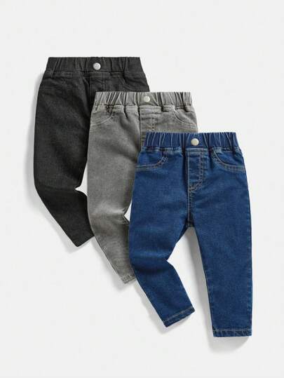 SHEIN Playful Pals 3件套男婴百搭休闲弹力腰牛仔裤，多件装时尚秋冬款