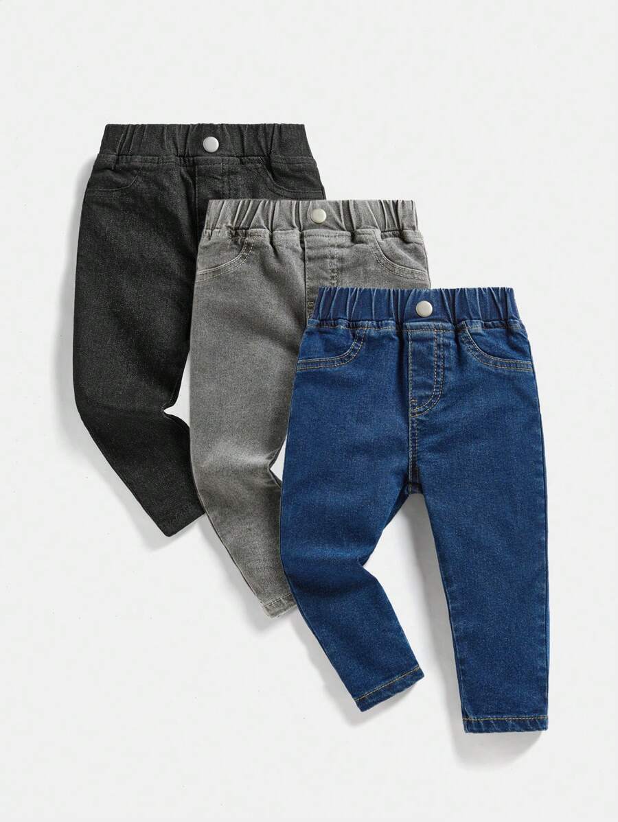 SHEIN Playful Pals 3pcs Baby Boys' All-Match Casual Elastic Waist Jeans, Multipack Chic Autumn/Winter - Multicolor - View 1