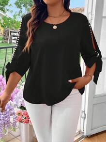 EMERY ROSE Blusa elegante y casual de mujer talla grande, de tejido sólido, con hombros descubiertos y lazo de perlas - Negro - Ver 3