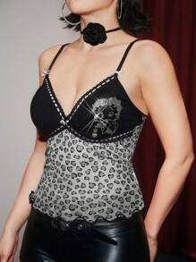 Betty Boop | ROMWE Camiseta sin mangas para mujeres con patrón de encaje contrastante y diseño de dibujos animados