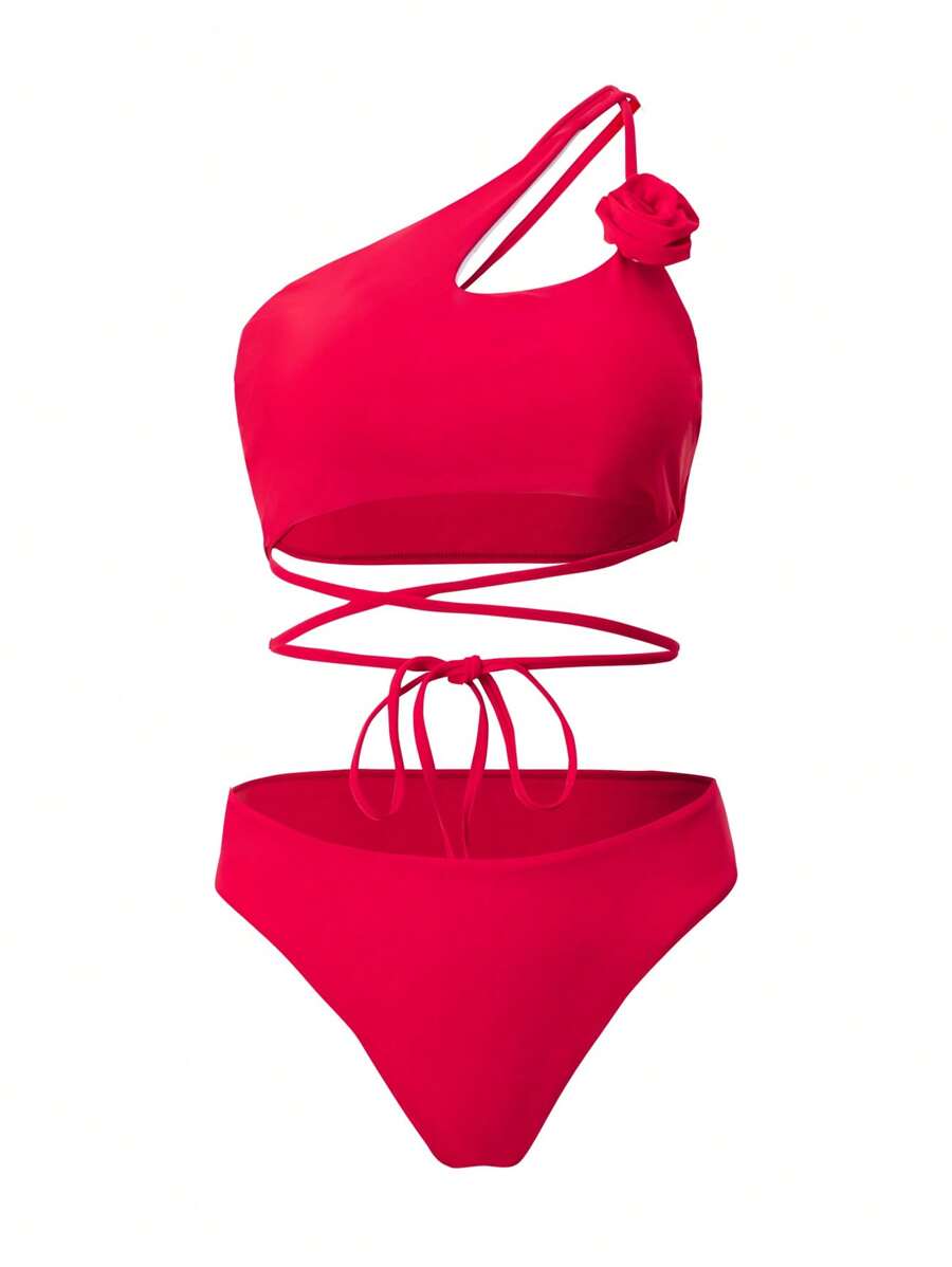 SHEIN Swim Women's Summer Beach Solid One-Shoulder Cut Out 3D Flower Decoration Top & Bikini Bottom Sexy Red Bikini Set - Red - View 1