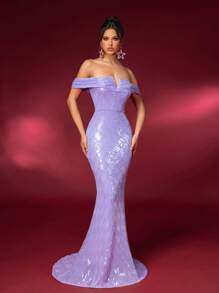 SHEIN Belle Elegant And Gorgeous Purple V-Neck Off-Shoulder Mermaid Formal Dress For Prom Or Other Special Occasions - Purple - View 5