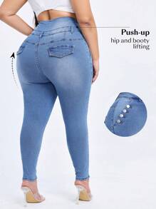 大码高腰弹力针织性感牛仔裤 - 藍色 - 查看 1