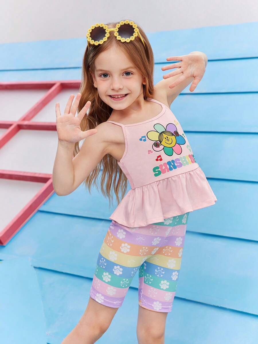 Mr Men Little Miss X SHEIN 年轻女孩多巴胺彩虹花卉印花紧身骑行短裤 - 彩色 - 查看 1