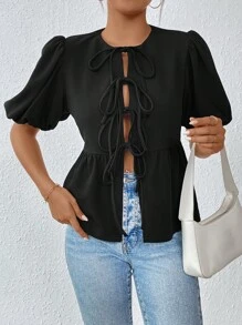 SHEIN Essnce Shein Essnce Women's Summer T-Shirt Girlhood Aesthetic Tie Front Black Polka Dot Tie Front Puff Sleeve T-Shirt, Summer