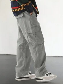 Manfinity EMRG Loose Fit Men's Cargo Pants With Flap And Side Pockets, For Fall - Light Grey - View 5