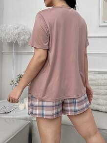 Zestaw piżamowy w kratę, patchwork, z krótkim rękawem i nadrukiem, plus size, szorty, stroje