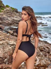 Swim Lushoire Women's Solid Color Pleated Sexy Bikini Set For Summer Beach, With PUSH UP And Underwire