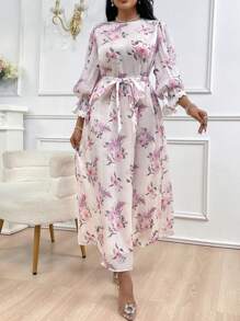 Modelyn Women's Round Neck Floral Printed Lantern Sleeve Belted Arabic Style Dress Long Evening Dresses - Multicolor - View 4