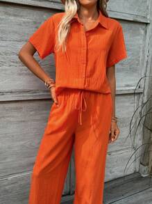 SHEIN LUNE Conjunto de camisa naranja de manga corta y pantalón largo casual y elegante para verano adecuado para viajes - Naranja Quemada - Ver 1