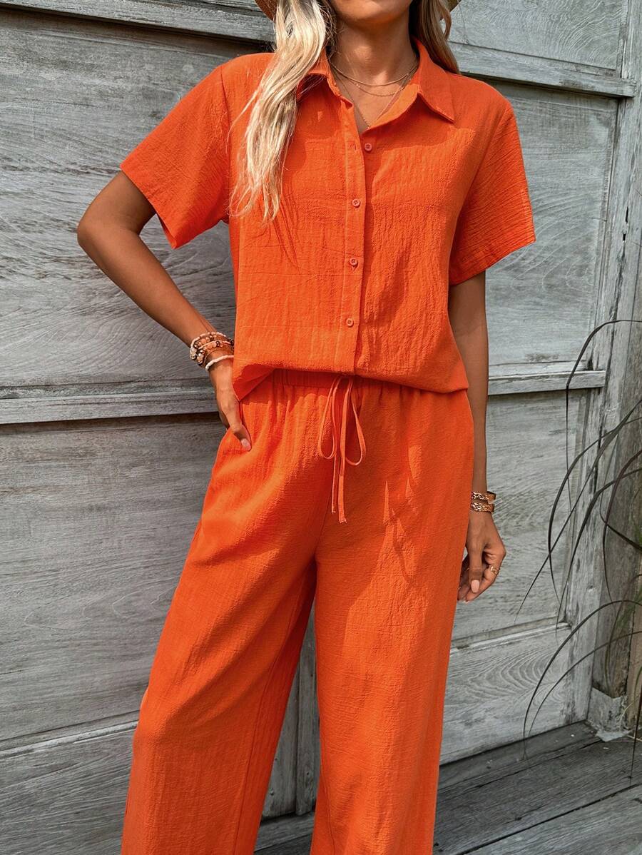 SHEIN LUNE Conjunto de camisa naranja de manga corta y pantalón largo casual y elegante para verano adecuado para viajes - Naranja Quemada - Ver 1