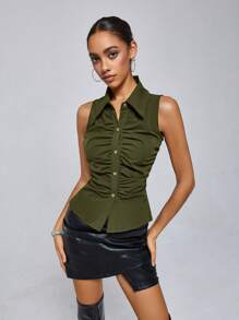 Aveloria Affinna 女性性感合身純色襯衫，無袖設計，帶褶皺和翻領