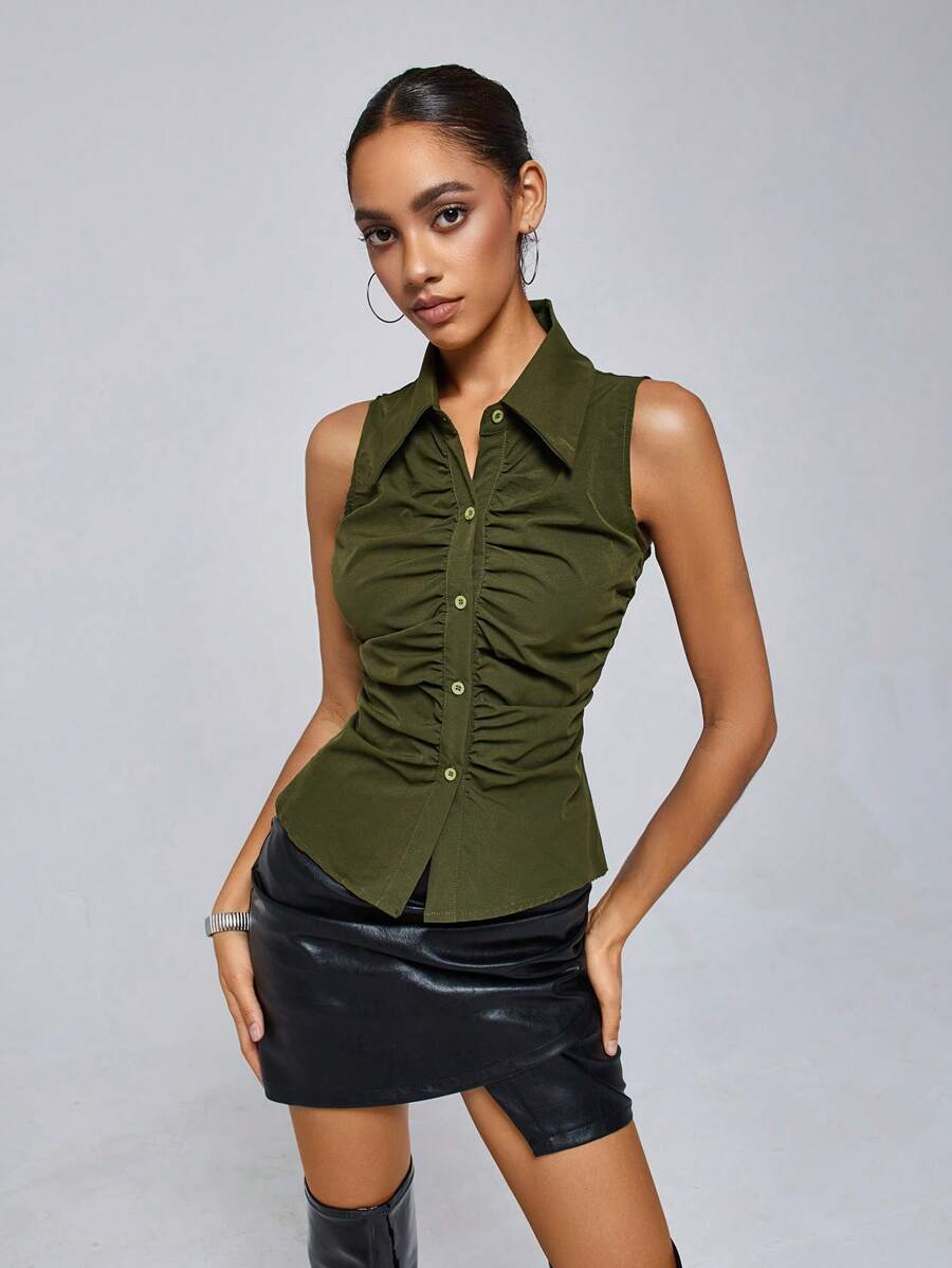 Aveloria Affinna 女性性感合身純色襯衫，無袖設計，帶褶皺和翻領