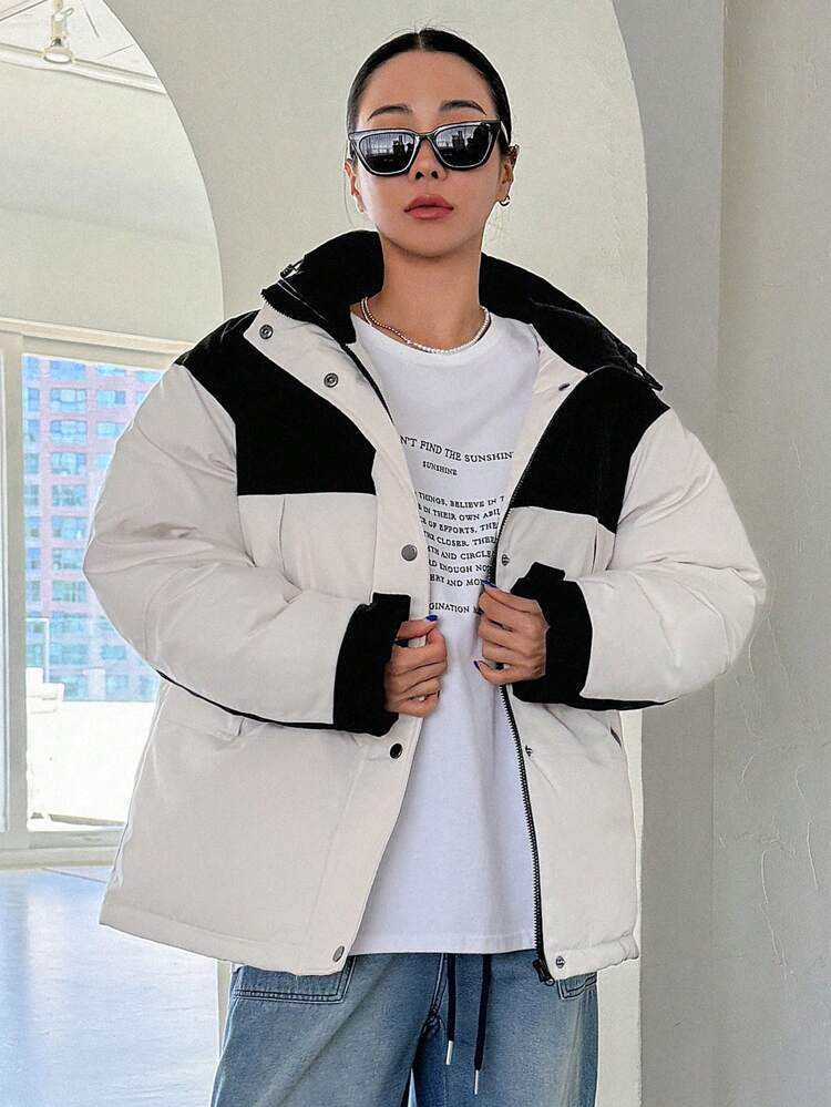 Two Tone Drop Shoulder Hooded Padded Coat ,Winter Women Clothes,Winter Coat Women Jacket