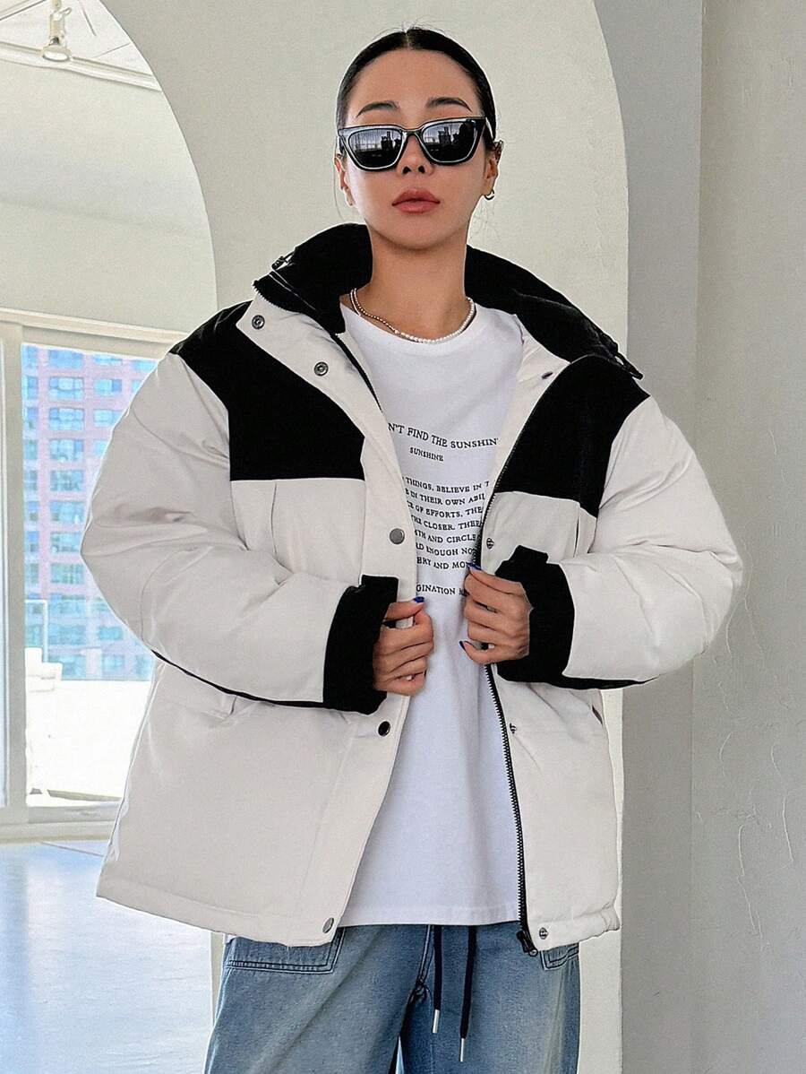 DAZY 双色落肩连帽棉服大衣，冬季女装，冬季女装外套 - 白色 - 查看 1