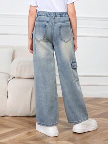 Girls' Loose Fit Wide Leg Denim Jeans, Multi-Pocket Workwear Style - Light Wash - View 2