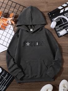 Sudadera casual de manga larga con bolsillo tipo canguro y gráfico de letras para niños preadolescentes - Negro - Ver 1