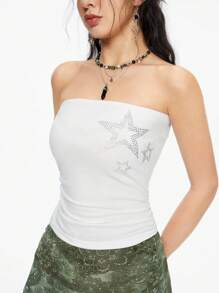ROMWE Grunge Punk Gyaru 女士星星印花和水钻装饰露肩白色抹胸 - 白色 - 查看 5