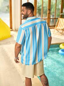 Manfinity Homme Men's Plus Size Summer Casual Stripe Short Sleeve Shirt And Drawstring Waist Shorts Set - Multicolor - View 2
