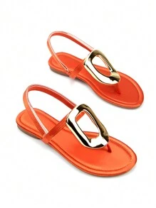 女式經典優雅款式金屬扣點綴橘色沙丁魚布平底涼鞋，易穿戴調節魔術貼帶，舒適的腳趾分離設計