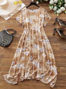 Mulvari Vestido casual de manga murciélago con estampado de flores teñidas para vacaciones de mujeres