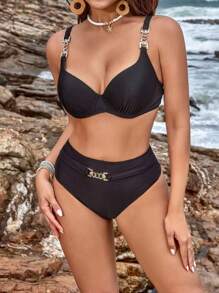 Swim Lushoire Women's Solid Color Pleated Sexy Bikini Set For Summer Beach, With PUSH UP And Underwire