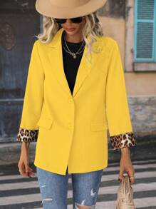 EMERY ROSE Women's Solid Color Simple Daily Blazer With Leopard Print Decorated Cuffs Fall Cloth For Women - Yellow - View 4